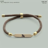 Burca Özel Dikdörtgen Motifli Kahverengi Örgü İpli 14 Ayar Altın Plakalı Hediye Bileklik-330 thumbnail 1