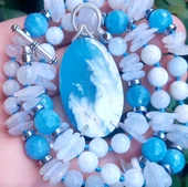 2438 Oval Tüy Akik Mavi Kuvars Ay taşı Hematit düğümlü el yapımı kolye - 2