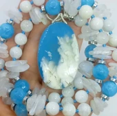 2438 Oval Tüy Akik Mavi Kuvars Ay taşı Hematit düğümlü el yapımı kolye - 6