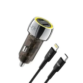 LinkTech C438 55W Dual PD30W + QC25W Şeffaf Araç Şarj Aleti Type-C to Lightning Kablo Set - 1