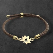 Sembole Özel Kahverengi İpek Örgülü 14 Ayar Altın Plakalı Yaprak Figürlü Hediye Bileklik-331 thumbnail 1