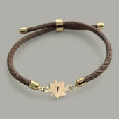 Harfe Özel 14 Ayar Altın Plakalı Yaprak Figürlü Kahverengi İpek Örgülü Hediye Bileklik-331 thumbnail 1