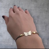 Harfe Özel 14 Ayar Altın Plakalı Kelebek Motifli Kahverengi İpek Örgülü Hediye Bileklik-336 thumbnail 1