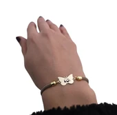 Sembole Özel Kahverengi İpek Örgülü 14 Ayar Altın Plakalı Kelebek Motifli Hediye Bileklik-336 thumbnail 1