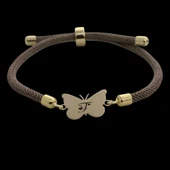 Harfe Özel 14 Ayar Altın Plakalı Kelebek Motifli Kahverengi İpek Örgülü Hediye Bileklik-336 thumbnail 2