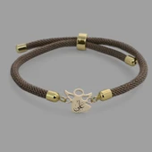 Sembole Özel Kahverengi Örgü İpli 14 Ayar Altın Plakalı Mevlana Figürlü Hediye Bileklik-335 thumbnail 1