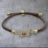Sembole Özel Kahverengi İpek Örgülü 14 Ayar Altın Plakalı Kelebek Motifli Hediye Bileklik-336 thumbnail 2