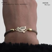 Doğum Ayına Özel 14 Ayar Altın Plakalı Kuş Motifli Kahverengi İpek Örgülü Hediye Bileklik-334 thumbnail 2