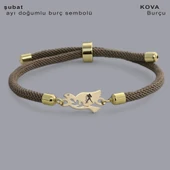 Burca Özel Kuş Motifli Kahverengi İpek Örgülü 14 Ayar Altın Plakalı Hediye Bileklik-334 thumbnail 1