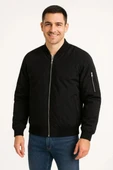 Erkek içi Astarlı Fermuarlı Bomber Mont Ceket - Siyah thumbnail 5