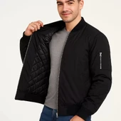 Erkek içi Astarlı Fermuarlı Bomber Mont Ceket - Siyah thumbnail 4