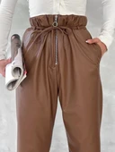 Kendinden ince kemerli deri pantolon kahve t1178 thumbnail 2