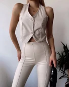 İki düğmeli deri yelek krem s243001 - 1