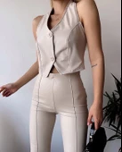 İki düğmeli deri yelek krem s243001 - 2