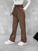 Kendinden ince kemerli deri pantolon kahve t1178 thumbnail 5