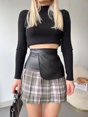 Deri garnili cepli ekose etek siyah s24604 thumbnail 3