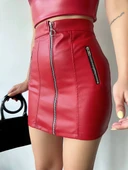 Üç fermuarlı deri etek bordo s24510 - 3