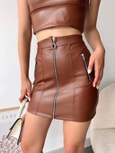 Üç fermuarlı deri etek kahve s24510 thumbnail 3