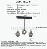TT601-3S-SY-KR TT Aydınlatma Mat Siyah - Krom 3 lü Uzun Hunili Sıralı Avize thumbnail 4