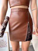 Dantelli fermuarlı deri etek kahve w24598 thumbnail 4