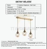 TT601-3S-FULLESK TT Aydınlatma Eskitme Kaplama 3 lü Sıralı Uzun Hunili Avize thumbnail 4