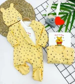 3-6-9-12 Ay Pooh Desenli Şapkalı Sweatli 3lü Kız Erkek Bebek Tulum - 1