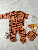 3-6-9-12 Ay Pooh Desenli Zebra Çizgili Şapkalı Sweatli 3lü Kız Erkek Bebek Tulumu(sarı) - 6