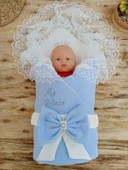 Bal Peteği My Prince Taç Nakışlı İnci Fiyonklu Dantel Duvaklı Delüks Kundak Bebek Battaniyesi thumbnail 1