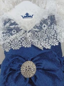 Yenidoğan Saray Kadife Taç Nakışlı İnci Fiyonklu Dantel Duvak Trilüks Kundak Bebek Battaniye thumbnail 4