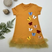 1-2-3 Yaş Renkli Kelebekler Nakışlı Eteği Fırfırlı Jile Çocuk Elbisesi thumbnail 1