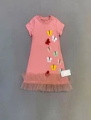 1-2-3 Yaş Renkli Kelebekler Nakışlı Eteği Fırfırlı Jile Çocuk Elbisesi - 2
