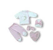 Baharın Çiçekli Kalbi Nakışlı %100 Cotton Antibakteriyel 5li Zıbın Takımı Hastane Çıkışı thumbnail 1