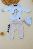 3-6 6-9 9-12 Ay Minik Dino Nakışlı Şapkalı Uzun Kollu Sweat 3lü Kız-erkek Bebek Takımı thumbnail 1