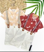 9-12-18-24 Ay Pamuk Keten Kumaş Hawai Gömlek Lastik Askılı 2li Erkek Bebek Takımı - 1