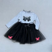 5-6-7 Yaş Taşlı Kelebek Desenli Kurdela Kuşaklı Astarlı Kız Çocuk Tütü Elbise - 1