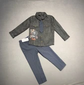 3-4-5 Yaş Kravatlı Keten Gömlek Gabardin Pantolon Uzun Kollu 3lü Erkek Çocuk Takımı - 1