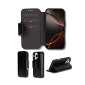 Apple iPhone 16 Pro uyumlu, Hakiki Deri, El Yapımı, Cüzdanlı Kılıf, Parlak Siyah thumbnail 1