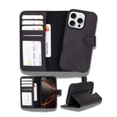 Apple iPhone 16 Pro uyumlu, Hakiki Deri, El Yapımı, Cüzdanlı Kılıf, Mat Siyah thumbnail 1