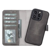 Apple iPhone 14 Pro Uyumlu Deri Cüzdanlı Kılıf MWWN VS4EF Gri thumbnail 1