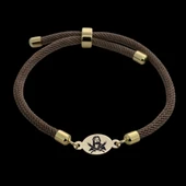 Sembole Özel Kahverengi Örgü İpli 14 Ayar Altın Plakalı Oval Figürlü Hediye Bileklik-341 thumbnail 2