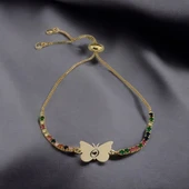 Harfe Özel 14 Ayar Altın Plakalı Kelebek Motifli Zincirli Renkli Taşlı Hediye Bileklik-340 thumbnail 2