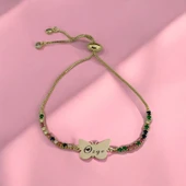 İsme Özel Kelebek Motifli Zincirli Renkli Taşlı 14 Ayar Altın Plakalı Hediye Bileklik-340 thumbnail 2