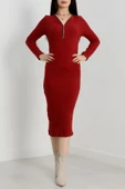 BİÇOMİ Fermuar detaylı fitilli şardonlu elbise bordo a3178 thumbnail 6