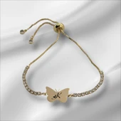 Harfe Özel 14 Ayar Altın Plakalı Kelebek Figürlü Zincirli Beyaz Taş Desenli Hediye Bileklik-342 thumbnail 1