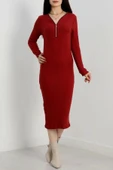 BİÇOMİ Fermuar detaylı fitilli şardonlu elbise bordo a3178 thumbnail 1