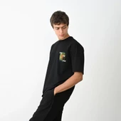 Unisex Bisiklet Yaka Baskılı Oversize T-Shirt - Siyah thumbnail 3