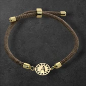 Harfe Özel 14 Ayar Altın Plakalı Güneş Figürlü Kahverengi İpek Örgülü Hediye Bileklik-338 thumbnail 1