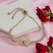 Sembole Özel Zincirli Beyaz Taş Desenli 14 Ayar Altın Plakalı Kelebek Figürlü Hediye Bileklik-342 thumbnail 1