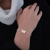 İsme Özel Kelebek Figürlü Zincirli Beyaz Taş Desenli 14 Ayar Altın Plakalı Hediye Bileklik-342 thumbnail 2