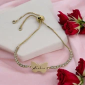 İsme Özel Kelebek Figürlü Zincirli Beyaz Taş Desenli 14 Ayar Altın Plakalı Hediye Bileklik-342 thumbnail 1